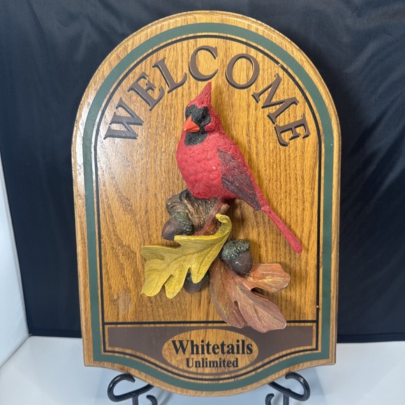 Other - WOOD CARDINAL WELCOME SIGN JENNINGS DECOYS CO USA HAND PAINTED SOLID OAK RESIN